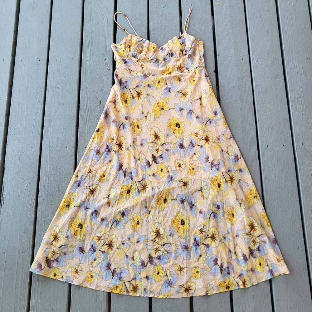 Petal and Pup Yellow Floral Midi Dress XL Bustier Bodice A-line Silhouette‎